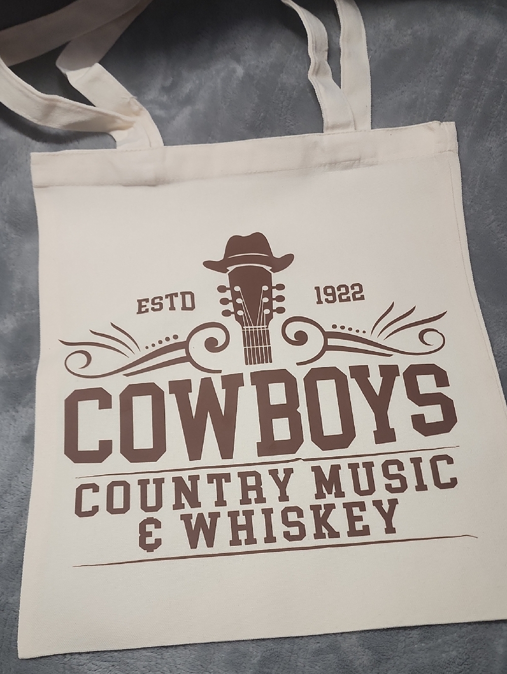 Cowboys Country Music & Whiskey Canvas Tote - Cream/Brown. 13x15